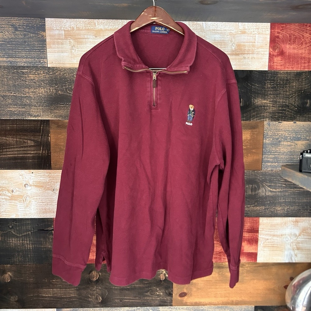 Polo Ralph Lauren Sweater Mens XL Burgundy Quarter Zip Polo Bear Pullover
